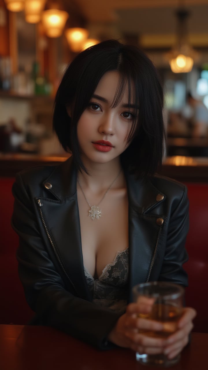 A striking photo of a young woman with bobcut black hair sitting at a bar drinking whisky. She dons a fitted, worn leather jacket over a delicate lace top. Her relaxed yet poised posture radiates danger, allure, and unshakable strength. 