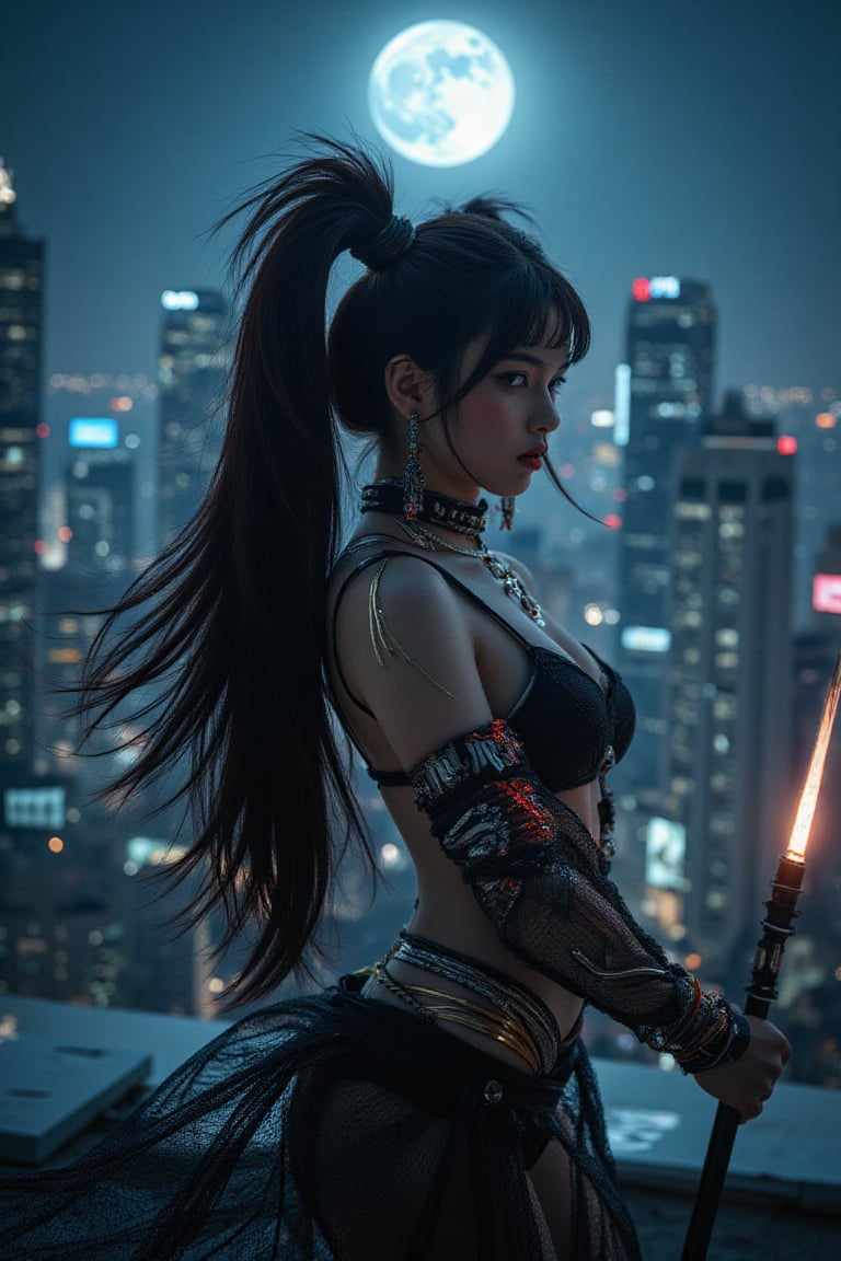 A cinematic shot of Ahri standing on a rooftop under a well-lit night sky. She has long loose spreading hair and is wearing a black mesh outfit with gleaming white, silver and red streaks, as well as golden accents. She is holding a black metal staff with a glowing tip. The background contains skyscrapers and the full moon features cool tones, enhancing the dramatic, vivid atmosphere., eye-catching, highly detailed.