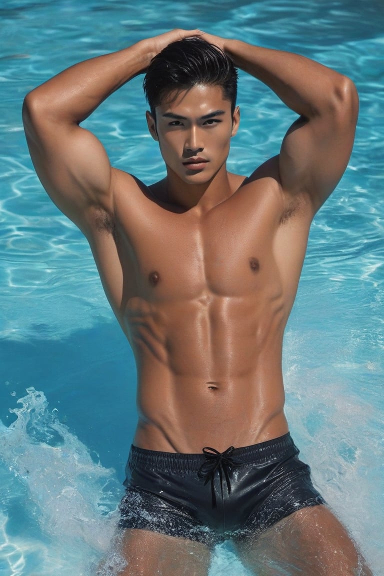 ultra-photorealistic, surreal, (masterpiece). A realistic photo of an attractive tan Korean-Latino fit muscles man, with thick beautiful dark eyebrows, strong facial, he has a short fade haircut, light grey eyes, an adorable man at its center, exiting a magical pool of crystal waters with blue fluorescent liquids. He is wearing tight swimming briefs. Six pack muscles, six-pack abs. The image reads a dark and intriguing scene. Sanskrit runes are flowing in the air glowing. Sanskrit scripture tattoos. Short hair, textured wet skin.