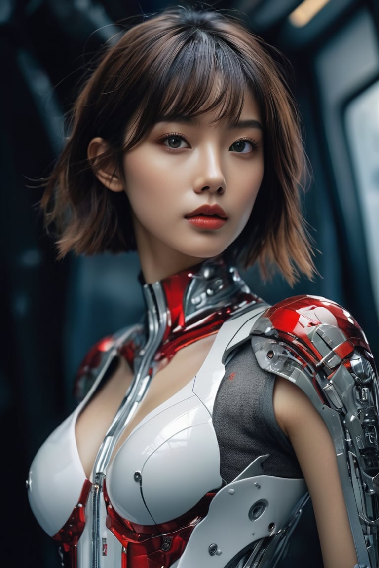 hyperrealistic, a masterpiece, (1girl), (full body), (futuristic sci-fi bodysuit with hollow crop cut), Beautiful young Korean woman, kpop idol, (Cute Loose Bob hairstyle), symmetrical eyes, realistic, sharp focus, HD, highly detailed, intricate, photography, hyperrealism, hyperrealistic, film, studio portrait, detail, dramatic lighting, (red lips), (small breasts), (toned stomach), smooth, sharp focus, art by Carne Griffiths and Wadim Kashin, unique design suit, award winning photography, masterpiece movie poster