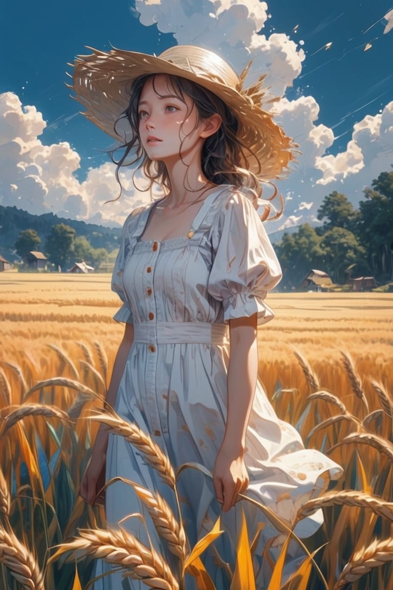 Wheat field, a farmer girl with a straw hat standing in a wheat field. She is a young cute young woman, sweaty, clouds, blue sky, rice field, neat rice seedlings in the field, forest, hillside, secluded, rural, HD detail, hyper-detail, cinematic, surrealism, soft light, deep field focus bokeh, ray tracing and surrealism. 