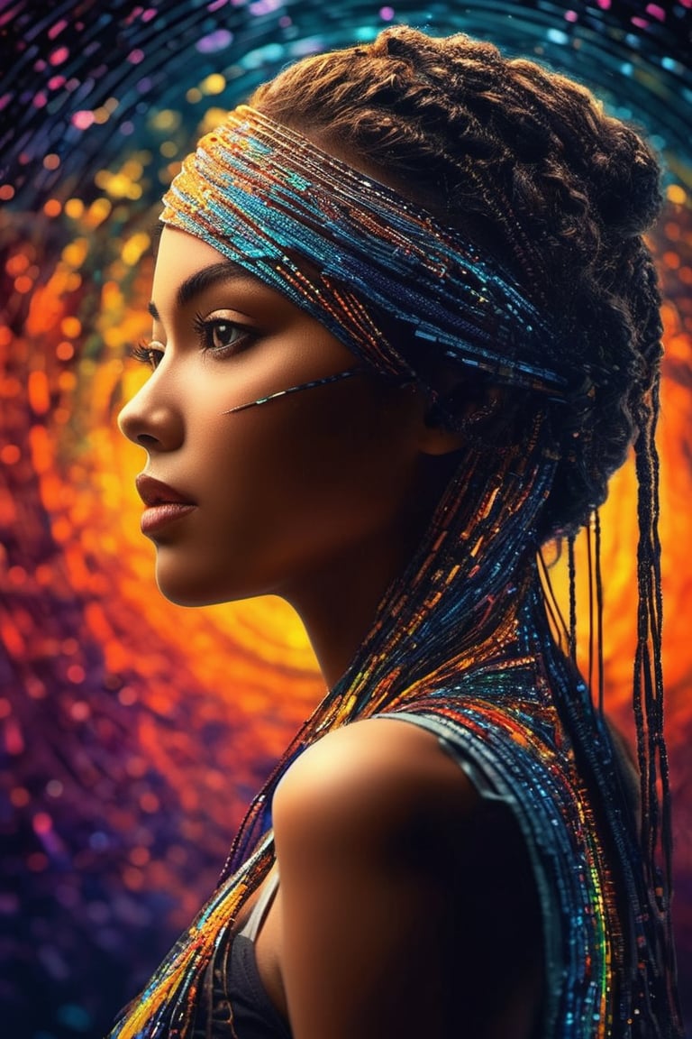 masterpiece digital artwork, (beautiful and aesthetic:1.4), fantasy illustration, surrealism, highly detailed, colorful binary code effect forming a silhouette of a girl, portrait, weave together to create a harmonious fusion of technology and art, (epic composition, epic proportion), FHD
