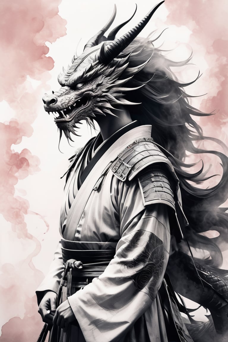 masterpiece drawing in a soft pink hue. A stunning and minimalist ink wash illustration of a samurai standing defiantly in front of a magnificent dragon. The samurai wears traditional armor, and his face is hidden behind a ritualistic mask. The dragon, with a fierce gaze, is portrayed with elegant strokes, using light white and dark gray tones. The background is simple and evokes a feeling of tranquility. The artwork is reminiscent of gongbi painting techniques, combining elements of witchcore and conceptual art, resulting in a breathtaking masterpiece.