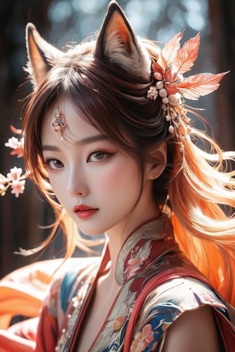 ((masterpiece)), ((best quality)), (((photo Realistic))), (portrait photo), (8k, RAW photo, best quality, masterpiece:1.2), (realistic, photo-realistic:1.3). Live-action movie. (full body:1.3) .Of all the creatures in Eastern mythology, one of the most outstanding is the gumiho (nine-tailed fox). A gumiho is not always a fox with nine tails; it may take on another form, often that of a beautiful woman to seduce men – and lure them to their death, kitsune, ((masterpiece)), ((best quality)), (((photo Realistic))), extremely detailed cg 8k wallpaper, bright colors, Dramatic light, dynamic angle, Beautiful, stunning, windy, high detail hair,(highly detailed eyes), (highly detailed facial features), lifelike texture, slender body, toned body, perfect face, slim athletic body, (cold attitude, eyeshadow, eyeliner:1.2), retro fantasy, hyper-realistic, amazing fine detail, rich colors, realistic texture, gorgeous, film grain, grainy, beautiful lighting, magical effect, shallow depth of field, photography, neo-noir, volumetric lighting, Ultra HD, raytracing, studio quality