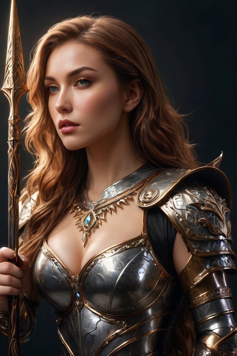 ((masterpiece)), ((best quality)), (((photo Realistic))), (portrait photo), (8k, RAW photo, best quality, masterpiece:1.2), (realistic, photo-realistic:1.3), A highly detailed and intricate female warrior with flowing brunette golden hair that seems to be ablaze, giving off an intense, fiery glow. She is adorned in intricately designed silver armor, which reflects light and has ornate patterns. The armor covers her entire body, including her arms, chest, and legs. She stands confidently In front of her, she clutches a shiny sharp spear in the form of a trident in her hand, exuding an aura of strength and determination. The background is dark, emphasizing the luminosity of her hair and the shine of her armor. She has long eyelashes and a beautiful face with sharp features. 30-megapixel, Canon EOS 5D Mark IV DSLR, 85mm lens, sharp focus, long exposure time, f/8, ISO 100, shutter speed 1/125, diffuse backlighting, fashion, cinematic, dark fantasy, portrait photography, 