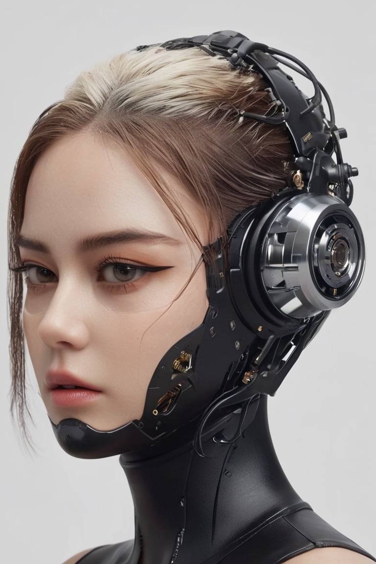 ((masterpiece)), ((best quality)), (((photo Realistic))), (portrait photo), (8k, RAW photo, best quality, masterpiece:1.2), (realistic, photo-realistic:1.3). a Swedish supermodels head with a Wankel rotary engine blended into her skull, portrait, electric hair