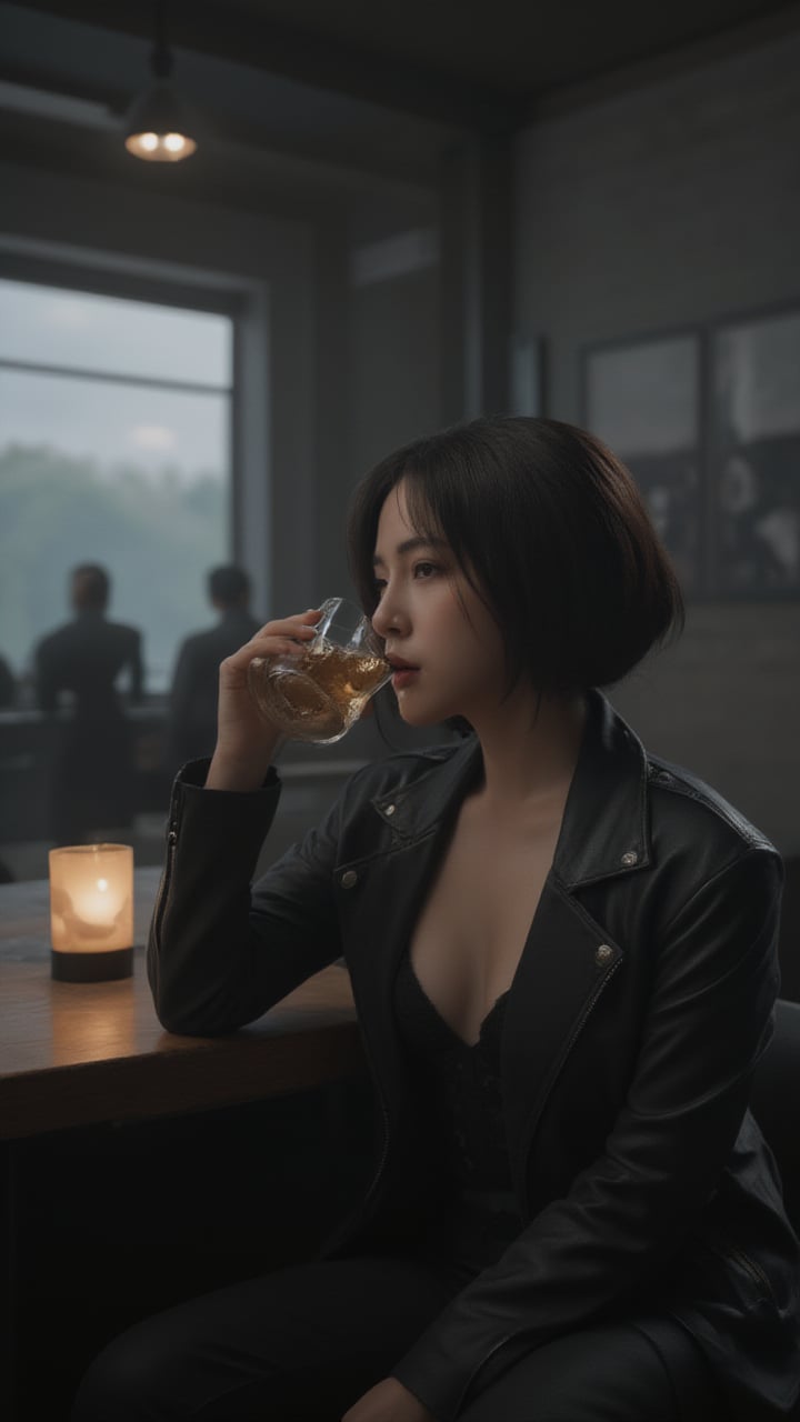 A striking photo of a young woman with bobcut black hair sitting at a bar drinking whisky. She dons a fitted, worn leather jacket over a delicate lace top. Her relaxed yet poised posture radiates danger, allure, and unshakable strength. 