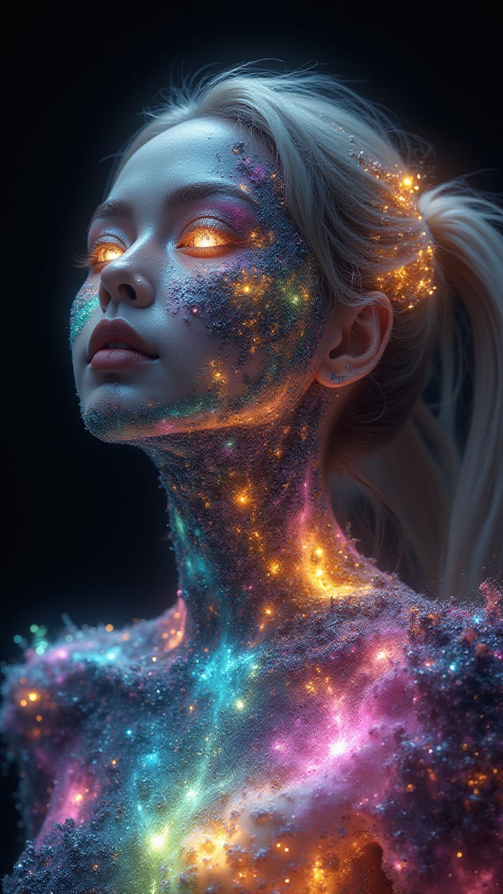 Double exposure effects, a cyborg woman's full-body body made entirely of a brightly colored nebula, with twinkling stars that make her eyes sparkle and dotting her face. The contours of her face and hair are blending into the surrounding space. The body contains bright galaxies and colorful nebulae as if the body contained the entire cosmos. Realistic 3D rendering, against a dark background.