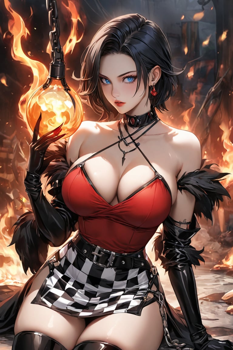 A captivating and unique illustration of a buxom woman with short black hair and a blue eye, posing seductively with a knee on the ground. She wears a short black-and-white checkered skirt with a thigh-high slit, a deep-neck red top, and numerous gothic accessories. The woman holds a crane in her hand, which adds an intriguing touch to the scene. The background is clean and white, allowing the focus to be on the character's striking appearance and pose. Her style and vibe resemble Cassie Hack, a popular character from the comic series 'Hack/Slash'.,fire element