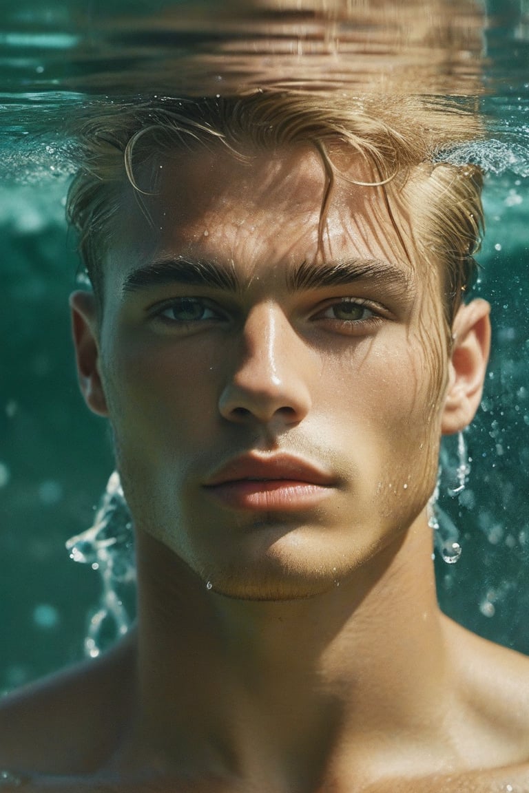 ultra-photorealistic, surreal, (masterpiece). A realistic photo of an attractive tan blonde, fit muscles man, with thick beautiful dark eyebrows, strong facial, he has a short fade haircut, high cheek bones, light grey eyes, he is showing his upper body, detailed, complex, a water bender surrounded by green water spouts, magical scene, dynamic pose, floating hair, art by MSchiffer, water drops, magical glow, fantasy art, surreal, detailed glossy lips, ((martial arts pose:1.1)), ocean, waterbending, waterbender, water slices, glowy, hyperdetailed face, green splash, textured skin.