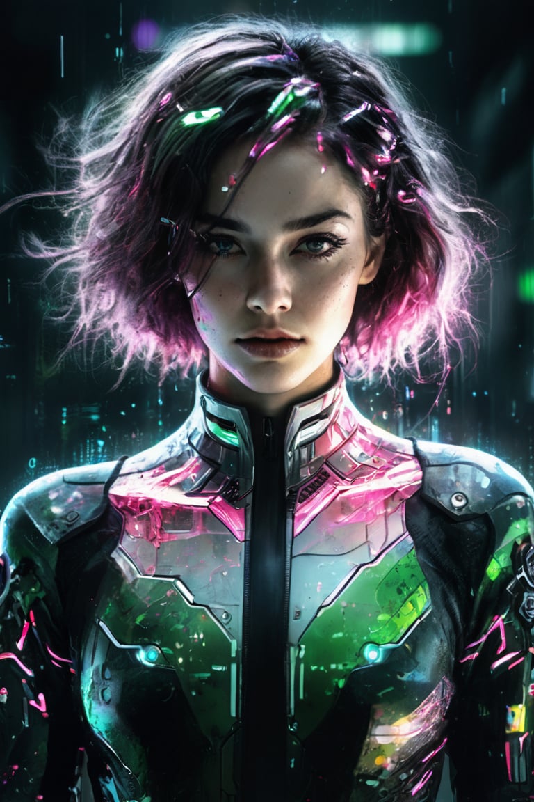 hyperrealistic illustration, best quality, masterpiece digital painting, minimalist movie poster, a cyberpunk female hacker known as "THE GLITCHER," their body perpetually glitching and distorting. The figure's skin is a fragmented mosaic of colors, emitting vivid neon pink and green hues. Surrounding them are floating lines of corrupted code and glitching holograms. Their eyes glow with an unsettling, flickering light. They wear a high-tech suit that is constantly shifting and reforming. In one hand, they hold a glitching data spike, while the other hand seems to dissolve into a swarm of digital particles. The background is a stark white void, emphasizing the chaotic and disturbing nature of this digital entity.