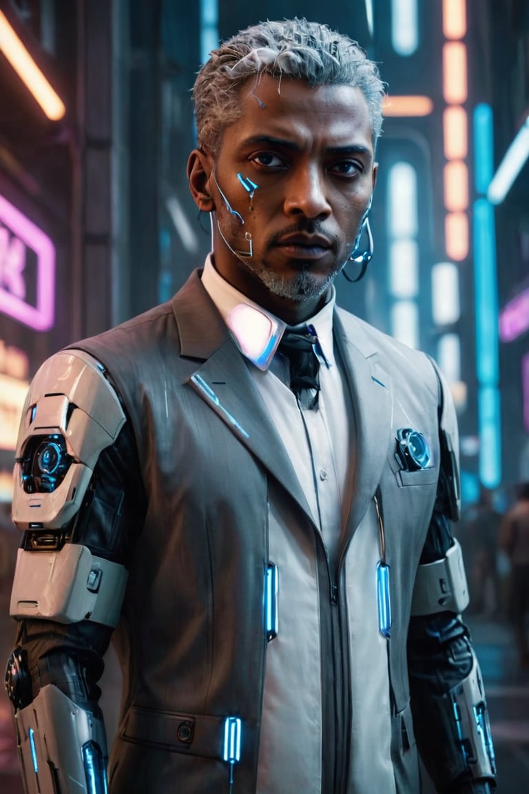 ((masterpiece)), ((best quality)), (((photo Realistic))), (portrait photo), (8k, RAW photo, best quality, masterpiece:1.2), (realistic, photo-realistic:1.3). A striking image of a cyberpunk protagonist, a black man with grey hair and robotic eyes, dressed in a sharp suit. His cybernetic eyes emit a cool blue light that contrasts with the dimly lit, neon-lit cityscape. Hovering vehicles and futuristic architecture fill the background, while a holographic 'Hal Cinah' signature is subtly integrated into the scene, hovering above his head. The overall atmosphere is bold, futuristic, and slightly dystopian.,digitalste,cyberpunk,Cyberpunk Doctor