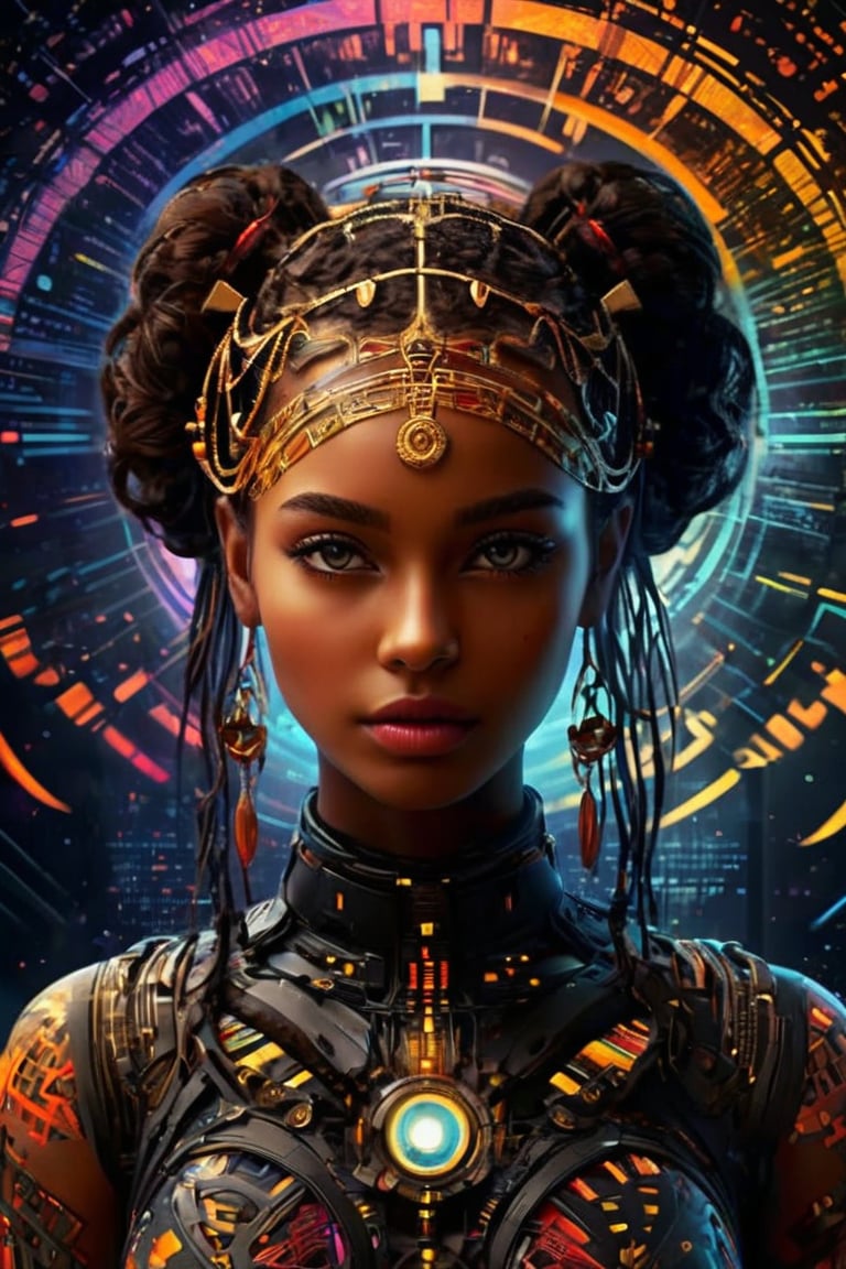 masterpiece digital artwork, (beautiful and aesthetic:1.4), fantasy illustration, surrealism, highly detailed, colorful binary code effect forming a silhouette of a girl, portrait, weave together to create a harmonious fusion of technology and art, (epic composition, epic proportion), FHD
