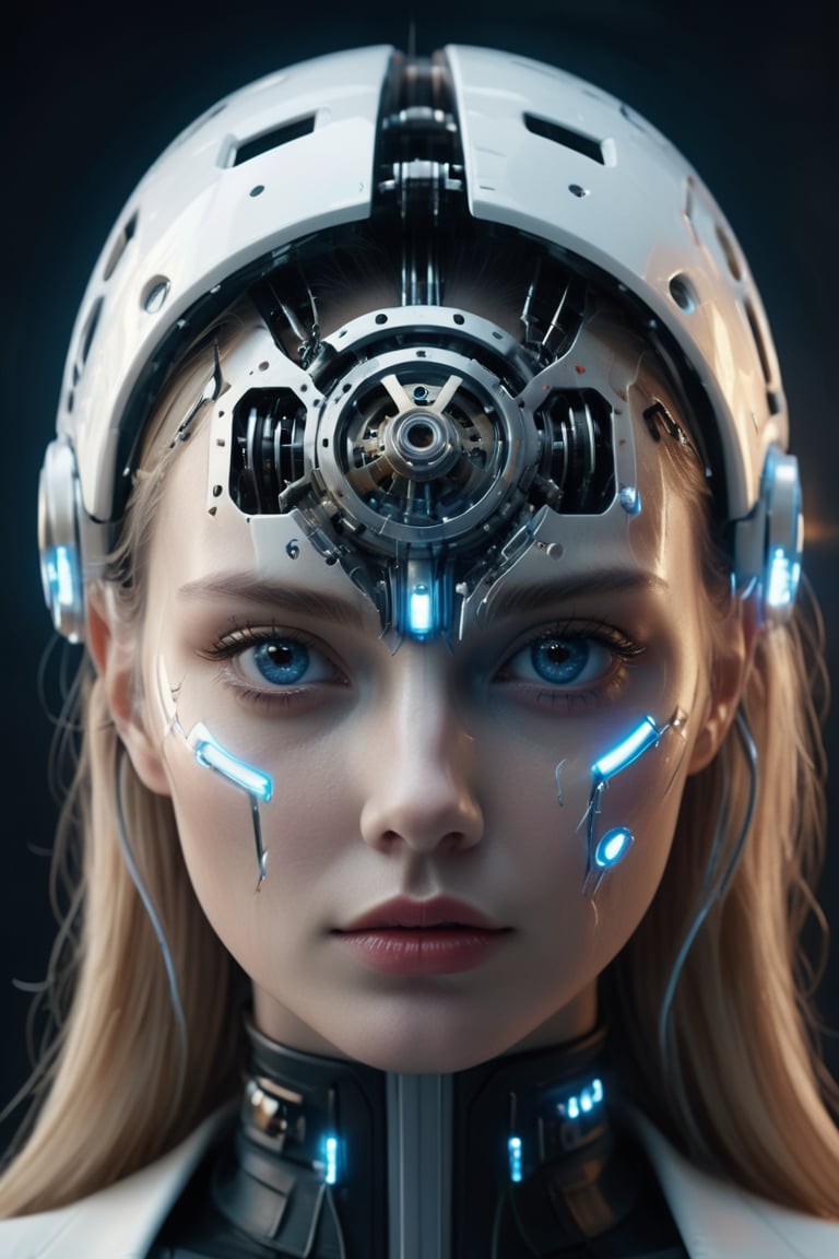 ((masterpiece)), ((best quality)), (((photo Realistic))), (portrait photo), (8k, RAW photo, best quality, masterpiece:1.2), (realistic, photo-realistic:1.3). a Swedish supermodels head with a Wankel rotary engine blended into her skull, portrait, electric hair