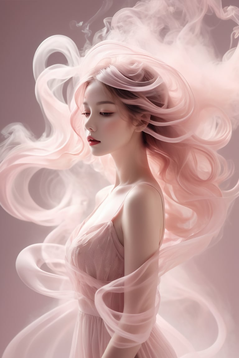 A captivating minimalist portrait of a woman, her wavy figure artfully crafted from delicate smoke in a soft pink hue. The smoke sculpture flows with a dreamy, delicate movement, capturing a fleeting moment of time. The crisp, clear lines and simplicity of the design enhance the elegance and beauty of this surreal, dreamy image.