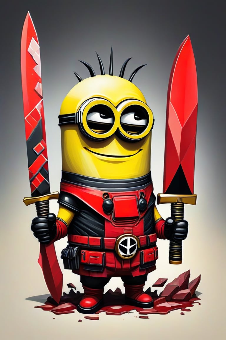 A whimsical artwork. A amesmerizing fusion of Minion and Deadpool, is depicted with an elongated face adorned with bold, geometric shapes and a vibrant color palette of red, yellow, white. Wielding a Big Chief knife with a sinister, reflective blade that reads "DEADTH" the subject exudes danger and unease. 3D comical caricature