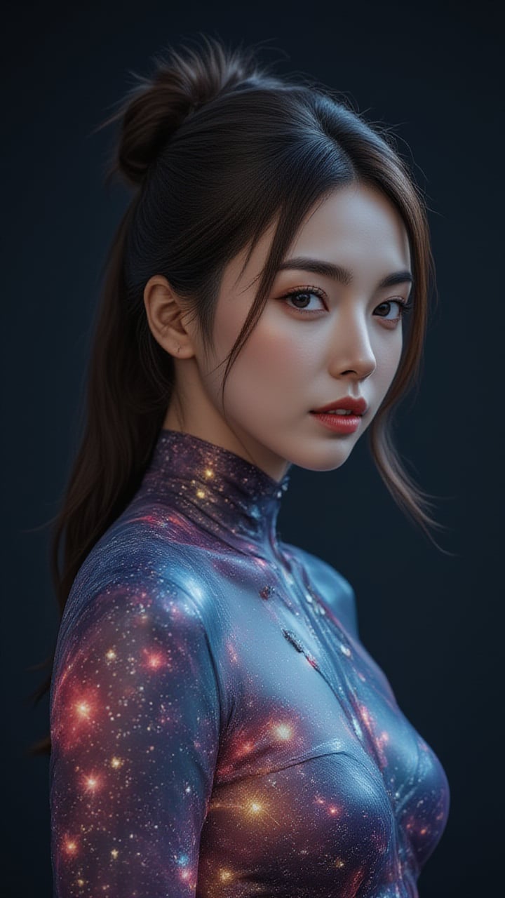 Double exposure effects, a cyborg woman's full-body body made entirely of a brightly colored nebula, with twinkling stars that make her eyes sparkle and dotting her face. The contours of her face and hair are blending into the surrounding space. The body contains bright galaxies and colorful nebulae as if the body contained the entire cosmos. Realistic 3D rendering, against a dark background.