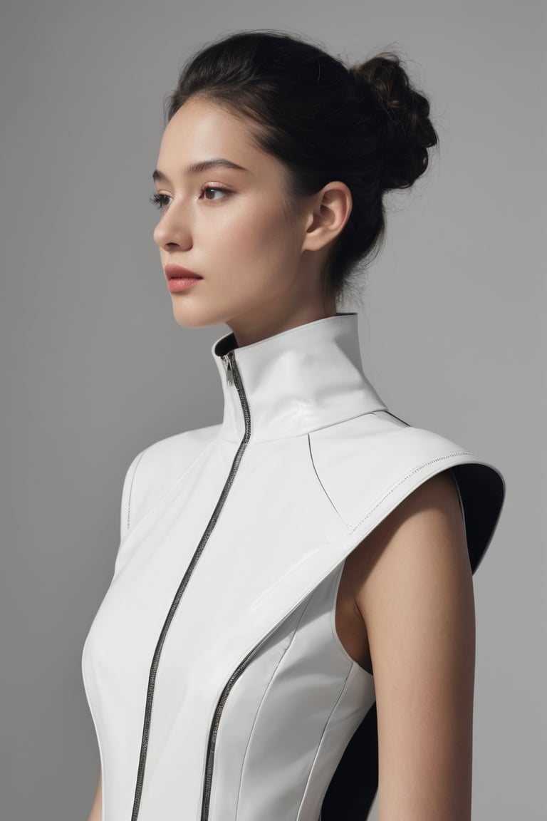 A hyper-realistic side profile. Craft a fashion concept that blends futuristic aesthetics with nomadic influences. Envision garments that seamlessly merge functionality with style, incorporating innovative materials and bold silhouettes. Consider how this fashion line caters to a nomadic lifestyle in a technologically advanced society.