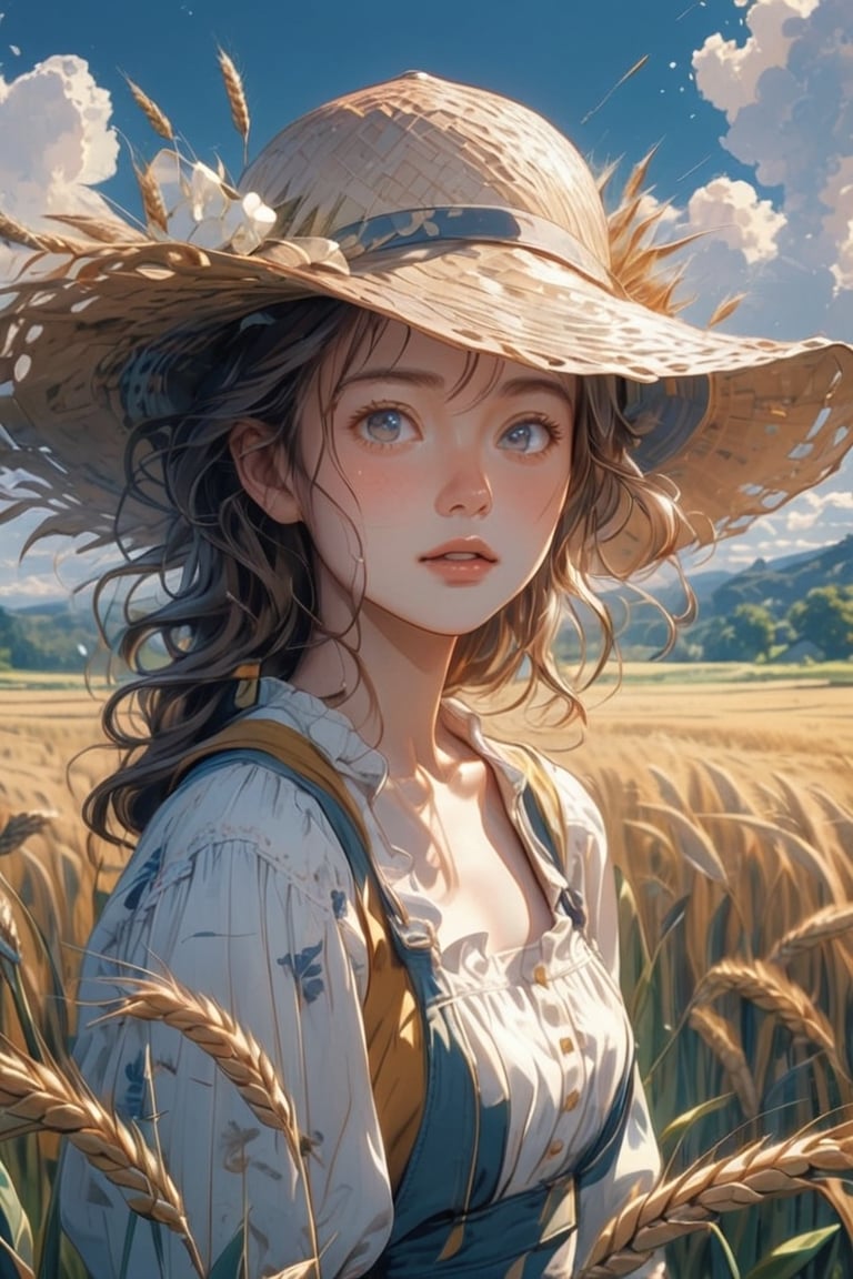 Wheat field, a farmer girl with a straw hat standing in a wheat field. She is a young cute young woman with beautiful eyes, sweaty, clouds, blue sky, rice field, neat rice seedlings in the field, forest, hillside, secluded, rural, HD detail, hyper-detail, cinematic, surrealism, soft light, deep field focus bokeh, ray tracing and surrealism. 