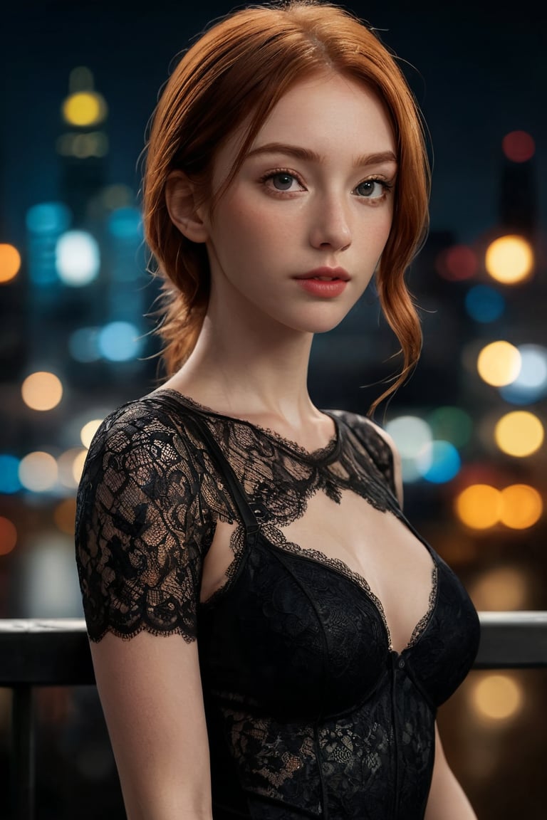 ((masterpiece)), ((best quality)), (((photo Realistic))), (portrait photo), (8k, RAW photo, best quality, masterpiece:1.2), (realistic, photo-realistic:1.3). An attractive young alluring ginger woman. She is wearing a tight black lace bodysuit. She is The photo is taken with a high-resolution camera. The scenic background includes city lights, 8k, ultra-detailed, sharp focus, 8k, high definition, insanely detailed, intricate:1.1) The scene is vibrant and busy, focusing on women's activity and clothing.