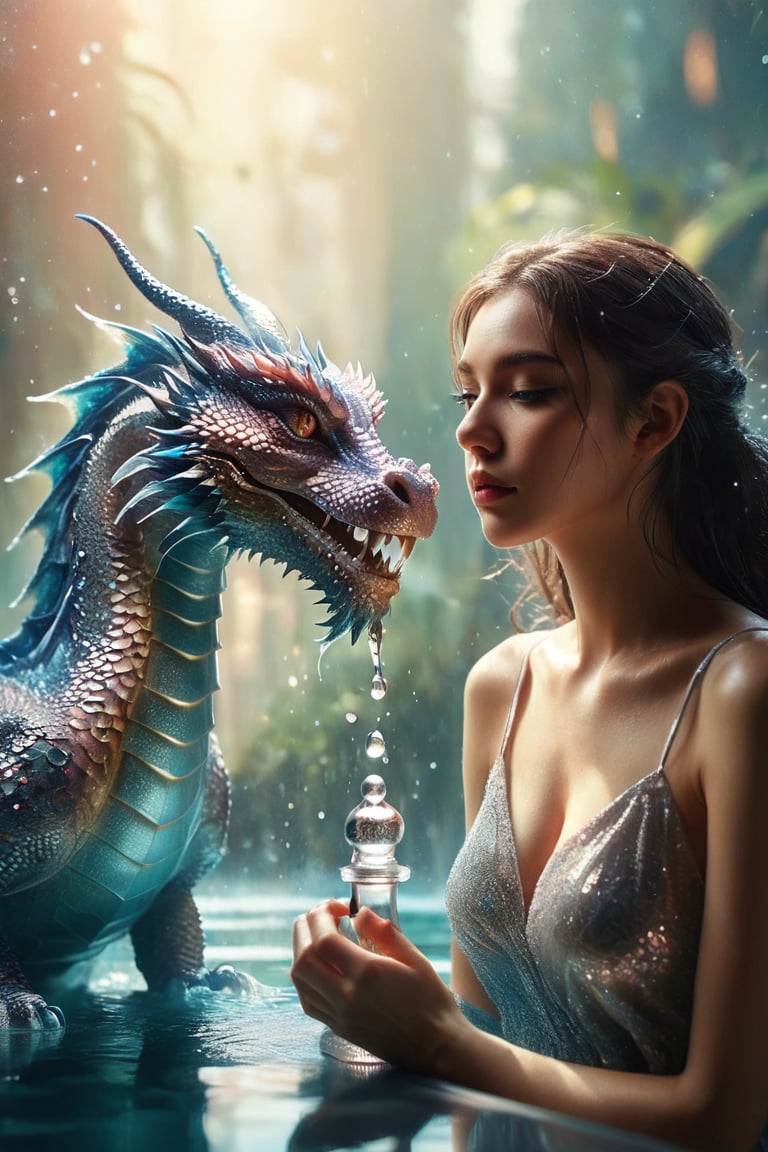 ((masterpiece)), ((best quality)), (((photo Realistic))), expressionism, realism with overdrive, a pretty girl playing chess with the big magical transparent water dragon, artistic water drops, dynamic pose, tenderness, full-color palette, octane rendering, soft natural volumetric light, bioluminescence atmospheric, sharp focus, centered composition, professional photography, complex background, soft haze, masterpiece. animalistic, beautiful, fine details, 16k, concept art