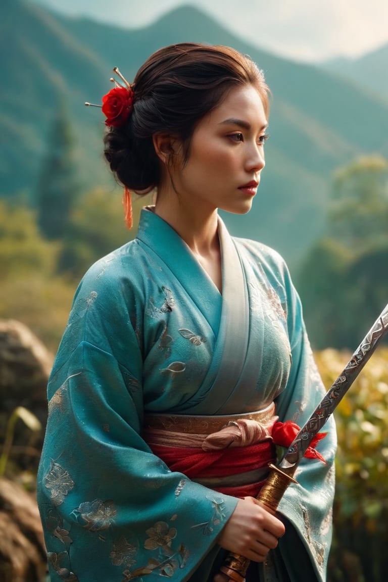 Aqua, a stunning young woman, stands confidently against a warmly lit background. A captivating cinematic portrait of a female warrior in a serene landscape, with misty mountains in the background. She stands tall in a traditional kimono, adorned with intricate tattoos covering her upper body. Her sword with a golden hilt is held confidently in her hand, while a skull and a single red rose lie beside her. The tranquil garden setting features a calm body of water and lush greenery, creating an atmosphere of both beauty and mystery. The conceptual art piece showcases a powerful and enigmatic figure in a harmonious yet haunting environment., conceptual art, portrait photography, photo, cinematic, 