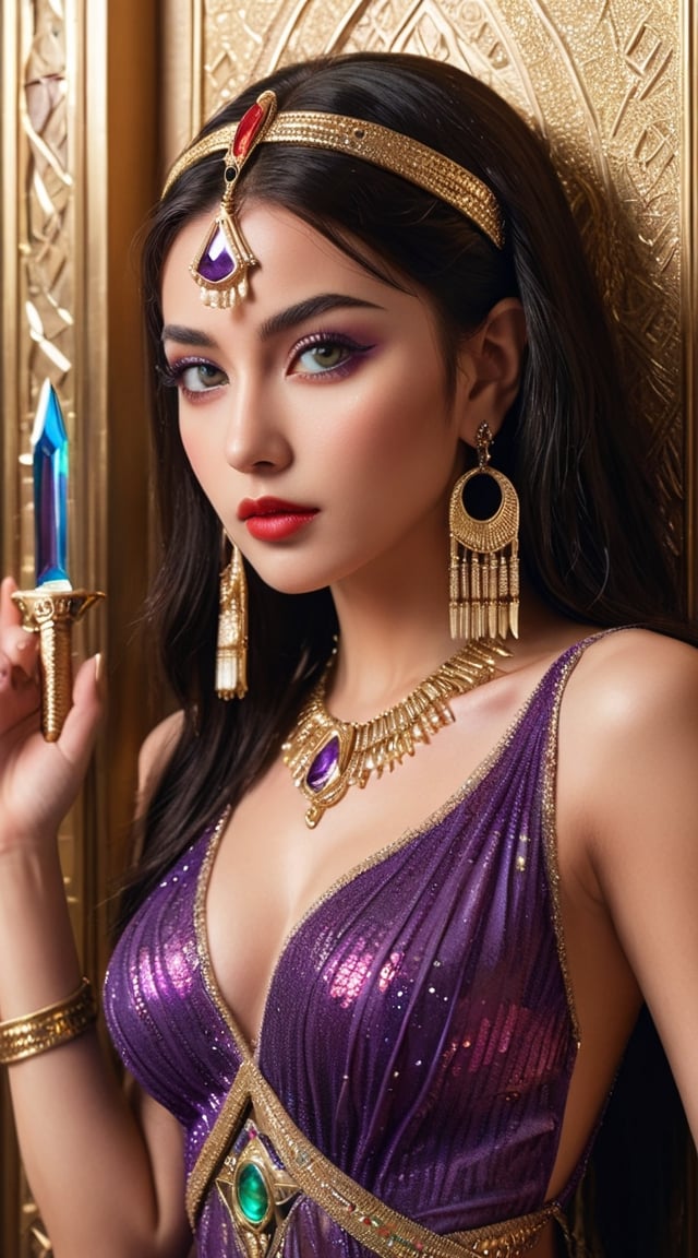 A captivating movie scene of the enigmatic Egyptian princess Cleopatra. an exotic svelte Egyptian dancer from Cleopatra era, she is willowy wearing revealing purple dress with gems, green eyes, fair face, red lips, sheer face viel , she is holding a beautiful dagger, hiding behind a door, wall is decorated with golden Egyptian patterns. Realistic detailed image, High quality, ,xxmix_girl,aesthetic portrait,photo_b00ster,cinematic style,glitter