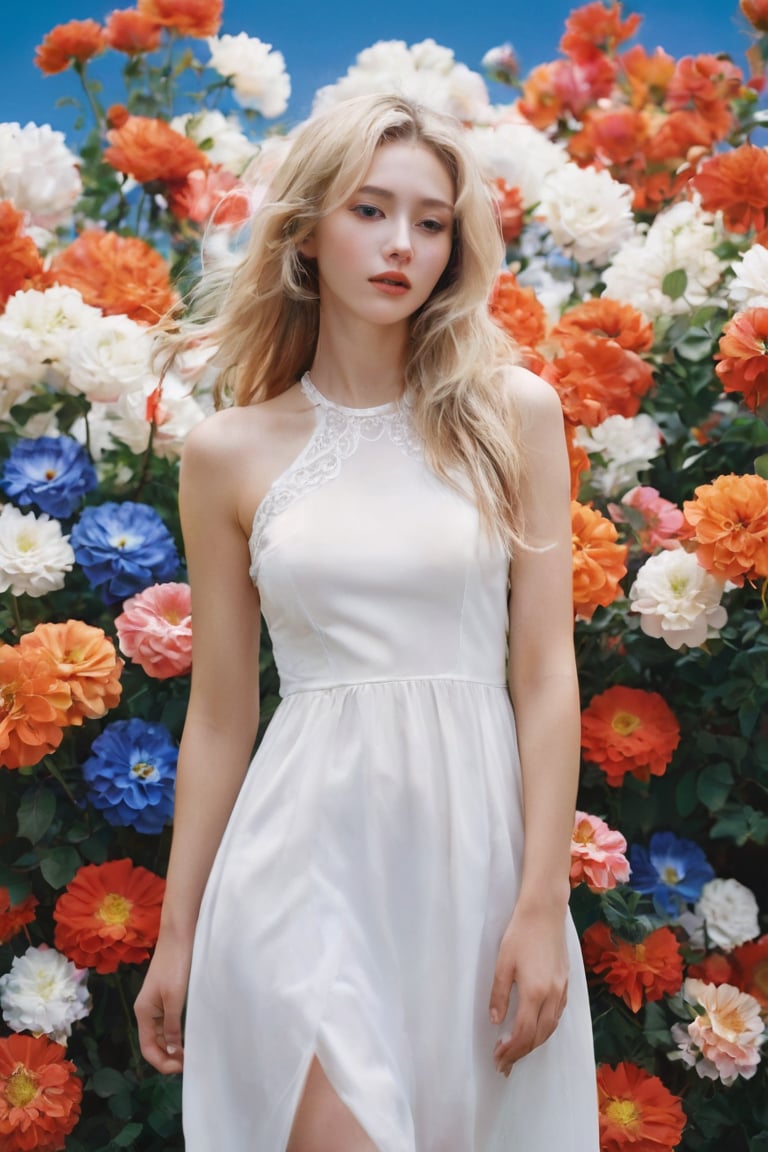 ((masterpiece)), ((best quality)), (((photo Realistic))), A mesmerizing high-resolution photograph of a seductive young woman in a sensual scene.(raw photo, photorealistic, UHD:1.2), (upper body portrait:1.3), a stylish woman with long wavy blonde hair, wearing a sleek bold design white dress. She is surrounded by a vibrant array of flowers in shades of red, orange, blue, and white. The flowers seem to be floating or emerging from behind her, creating a dynamic and artistic backdrop. The woman's pose is confident, with one hand in her pocket and the other slightly raised. The overall color palette is warm, with the woman's white dress contrasting beautifully against the colorful flowers.