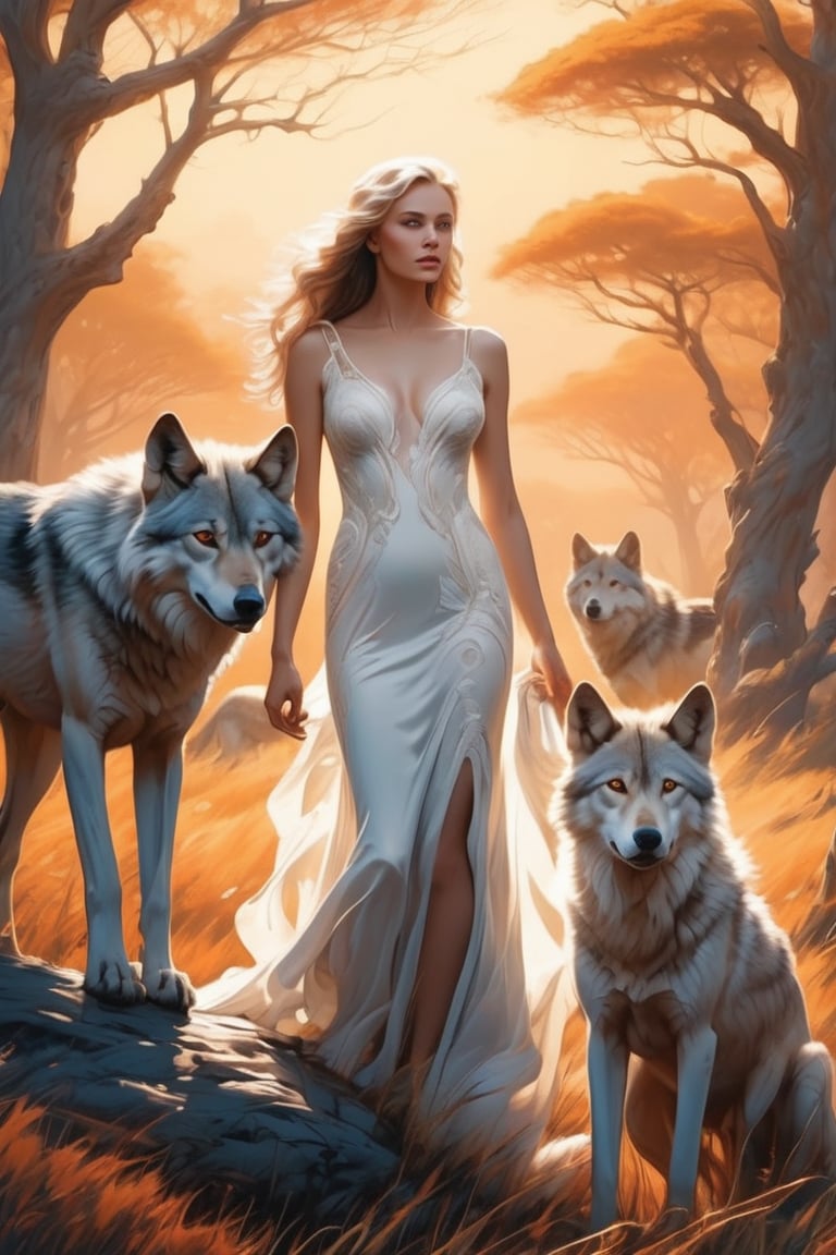 (masterpiece), (best quality),(ultra-detailed),(illustration),(extremely detailed),(perfect anatomy),(super detailed skin). A striking illustration of a wild wolf, its eyes locked on a beautiful, curvy woman who exudes confidence and allure. The woman, wearing a flowing white dress, stands tall and unperturbed, her body language asserting dominance over the wolf. The background is a lush forest, with a golden sunset casting warm hues over the scene. The illustration captures a powerful dynamic between the wild and the captivating, with an intriguing twist on the traditional hunter-prey dynamic., illustration