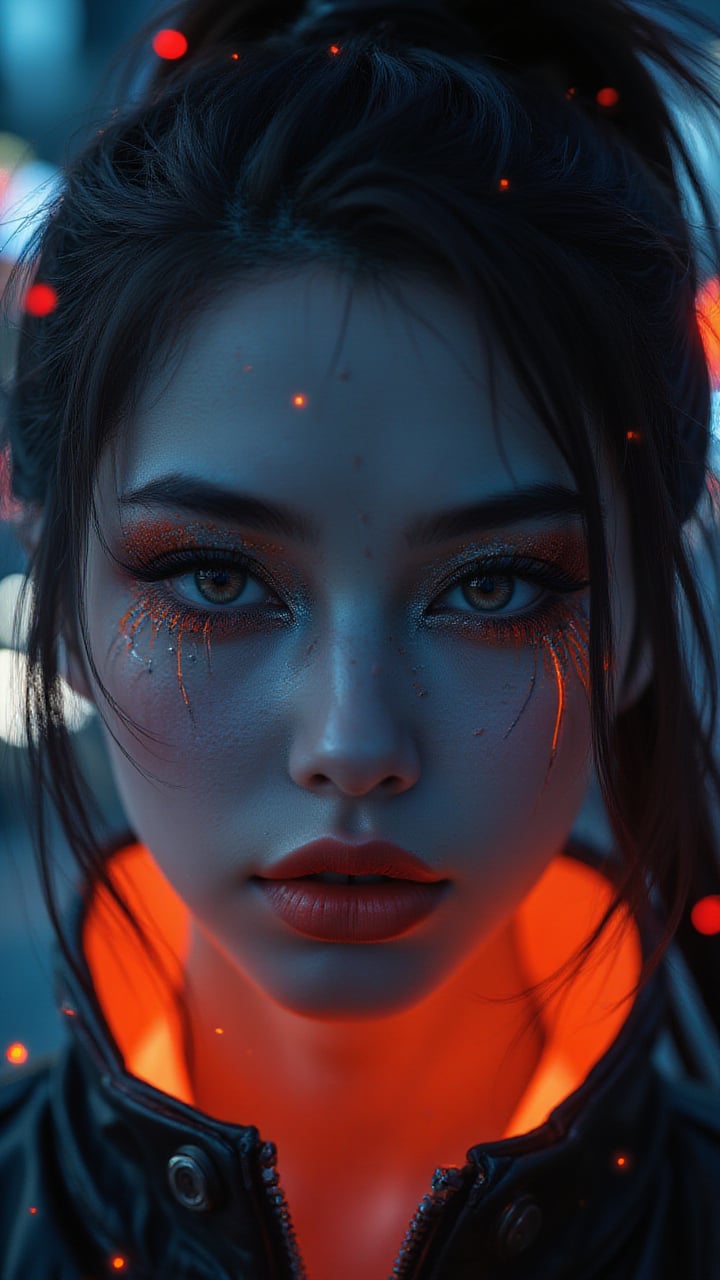 Pretty model with neon-colored eye, focusing on intense black eyeshadow, glowing orange collar of a high-tech jacket visible, cyberpunk-inspired hairstyle with subtle colored highlights, background showing blurred city lights at night, piercing gaze directly at the camera, small red digital elements floating near the face, photorealistic, 4K, rich detailing. Perfect face, simetrical face, simetrical eyes, ultra detailed, sharp focus, 8k, high definition, insanely detailed, 