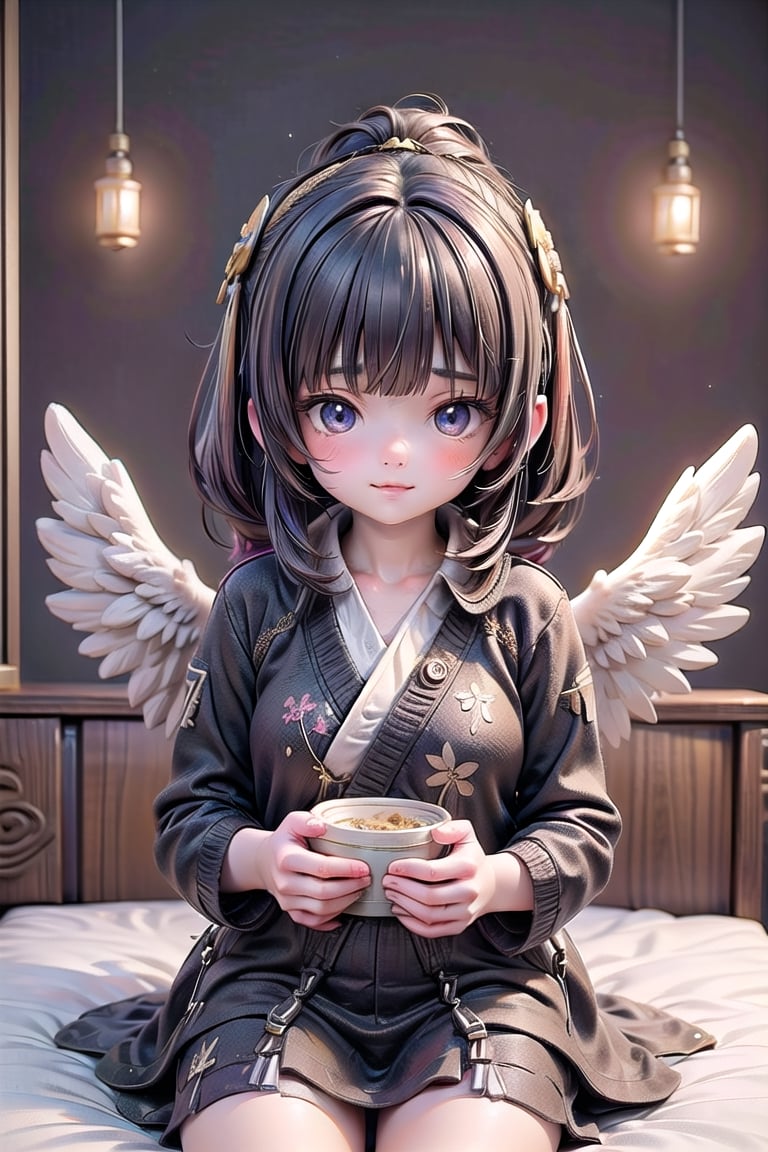best quality, masterpiece, beautiful and aesthetic, vibrant color, Exquisite details and textures, Warm tone, ultra realistic illustration,	(cute asian GIRL, 17year old:1.5),	(angel theme:1.4), cute eyes, big eyes,	(a sullen look:1.2),	cinematic lighting, ambient lighting, sidelighting, cinematic shot,	siena natural ratio, anime style, head to toe,	dark purple ponytail hairstyle with blunt bangs, naked body, big boobs, sit on couch, ultra hd, realistic, vivid colors, highly detailed, UHD drawing, perfect composition, beautiful detailed intricate insanely detailed octane render trending on artstation, 8k artistic photography, photorealistic concept art, soft natural volumetric cinematic perfect light. 