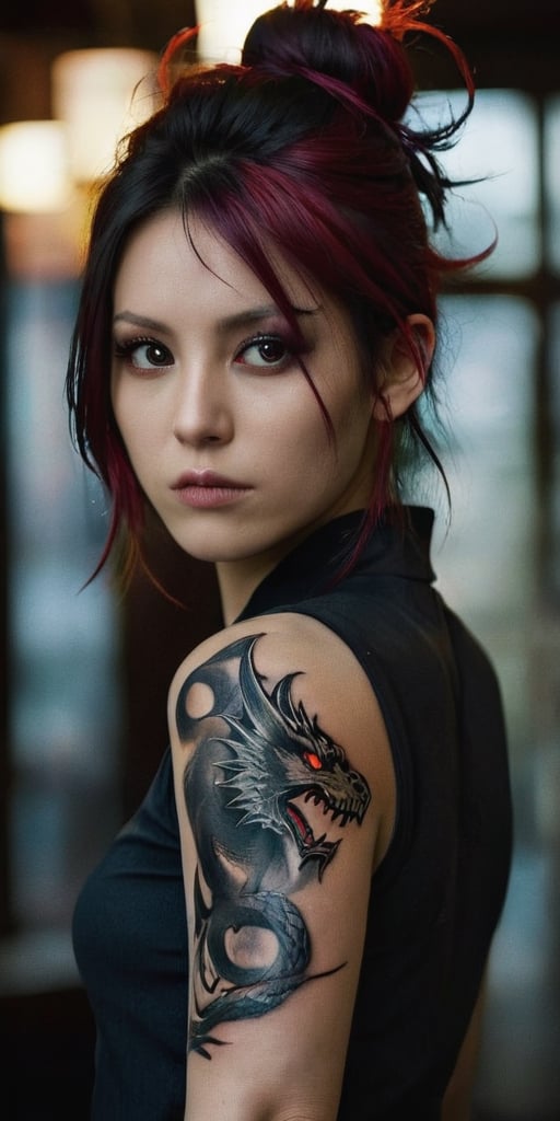 Japanese live-action movie, a striking photograph capturing the essence of 'The Girl with the Dragon Tattoo.' The protagonist, with a piercing gaze and unruly hair, wears a tattoo of a large, fiery dragon that seems to come alive on her arm. The tattoo glows vibrantly, casting a mesmerizing aura. The background is dark, with a hint of a mysterious forest, adding to the overall atmosphere of suspense and intrigue.