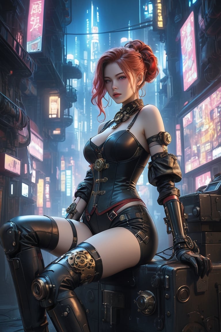 A stunning photo of a cyberpunk gamer girl dressed in a steampunk-inspired outfit. She is wearing a alluring black corset adorned with brass gears, sexy fishnet stockings, and knee-high leather boots, with a black and red hairstyle. A cyberpunk-inspired gaming console sits on her lap, with neon lights and wires intertwining around her legs. The background is a futuristic and moody cityscape with towering buildings and neon signs. The overall atmosphere of the photo is sensual, mysterious, and alluring, photo