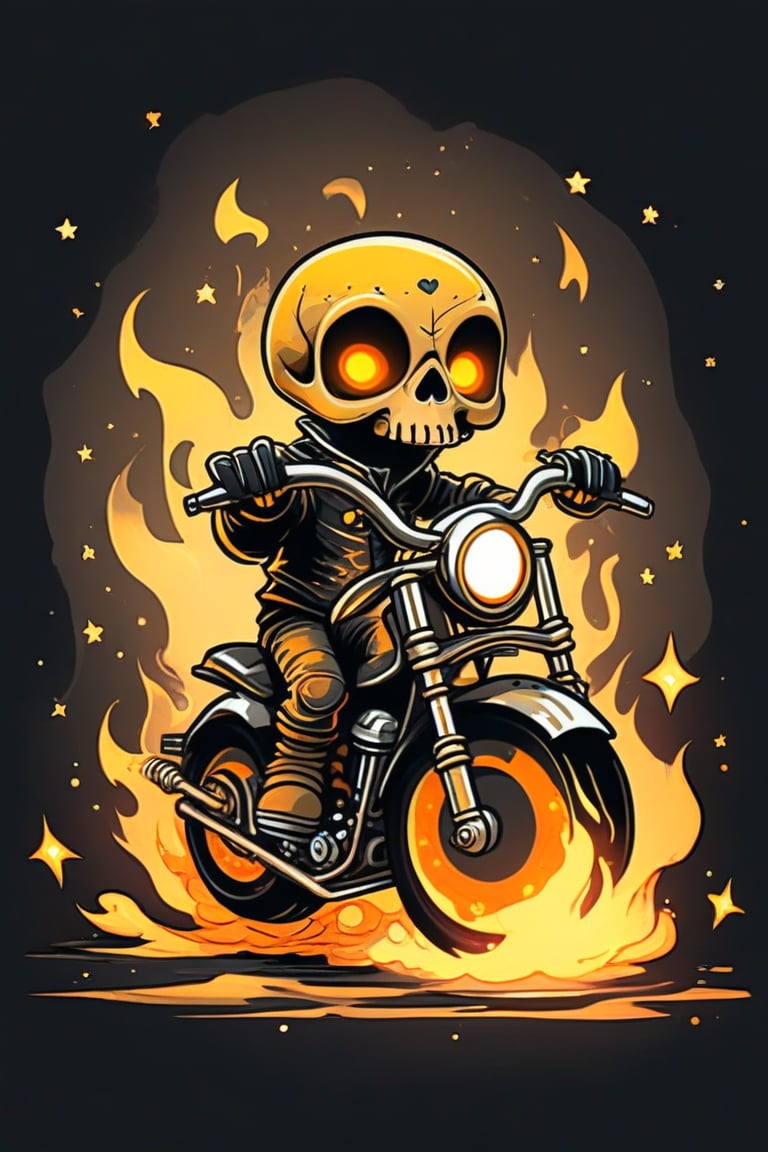 A whimsical art design. A stylized cartoon character, a small, adorable humanoid figure with a skull head, riding a miniature motorcycle. The skull head is oversized, with smooth, rounded features, large black eye sockets and a cute expression. The character has tiny, simplified limbs. The motorcycle is a chibi-style design, with exaggerated proportions, such as large, round headlights and chunky wheels. The bike emits a surreal, glowing aura, mainly in bright orange and yellow hues, resembling flames, which trail behind as if it’s moving fast. The background is dark, nearly black, with stars, creating a stark contrast that highlights the glowing flames and the motorcycle. 