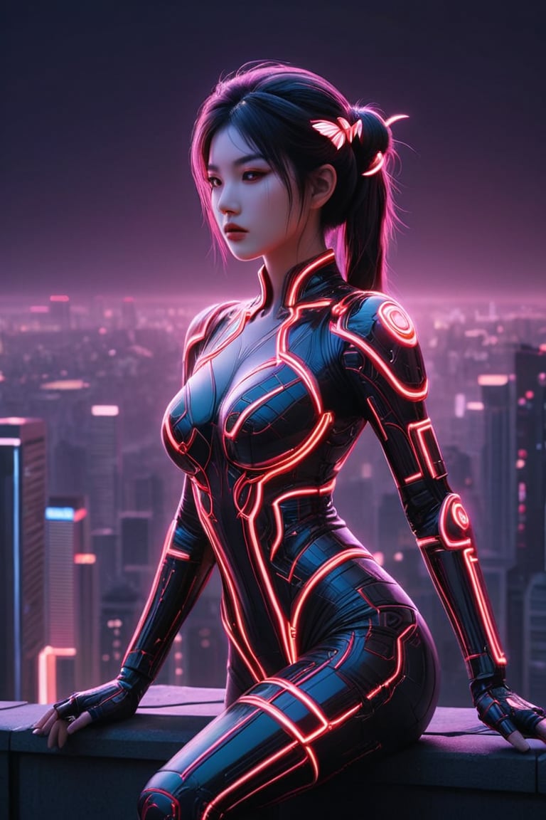 An exquisite, high-quality digital photograph of a fantasy kunoichi. The alluring female figure has a captivating face with sharp eyes, and dons a bright cyberpunk-inspired outfit decorated with neon lines and intricate designs. Her body seems to merge with a gleaming butterfly, creating a stunning visual effect. She sits gracefully on the edge of a rooftop, overlooking a metropolitan cityscape under a glittering night sky. The level of detail in this image is remarkable, showcasing a masterpiece worthy of being called a cinematic masterpiece, cinematic, photo,mad-cyberspace