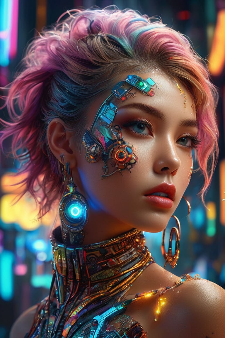 A captivating conceptual art piece featuring a hybrid-colored, futuristic young lady with a wild and alluring style. The gorgeous character is adorned in an intricate and vibrant body art design, which is accentuated by the high-quality 3D render and HDR lighting. The overall aesthetic is a blend of cyberpunk and avant-garde, with a touch of surrealism, creating a striking visual experience.