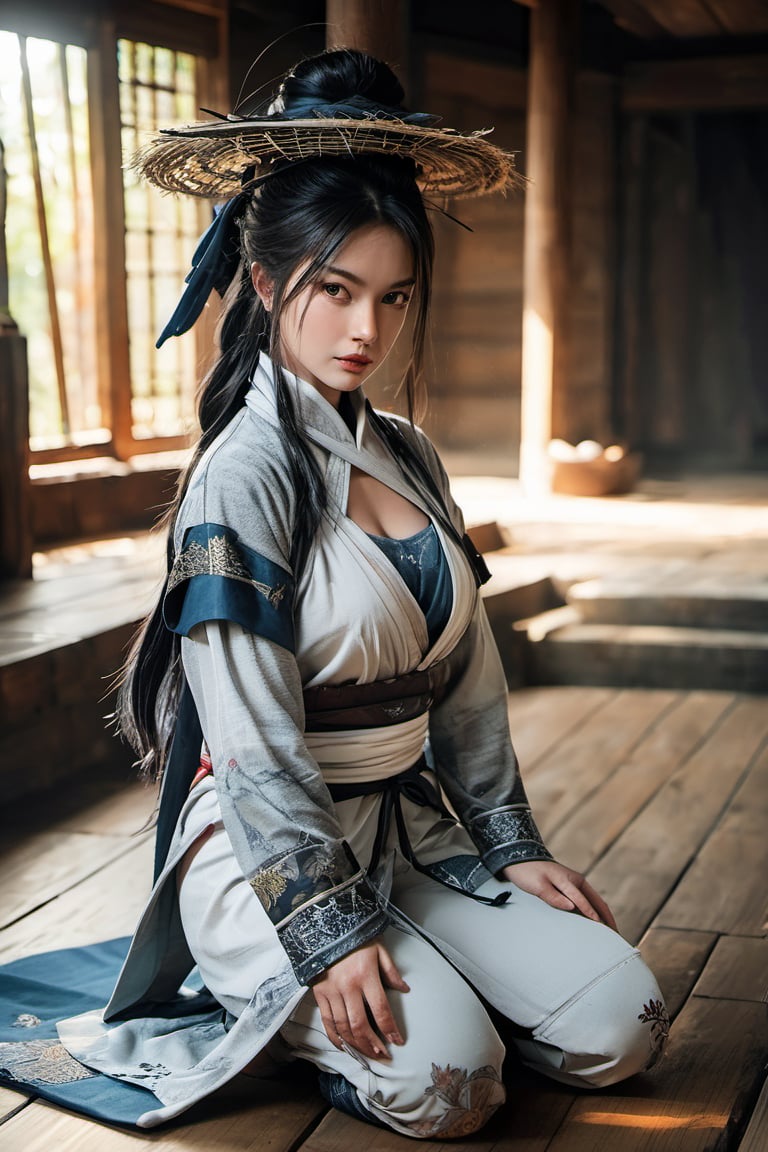 ((masterpiece)), ((best quality)), (((photo Realistic))), (portrait photo), (8k, RAW photo, best quality, masterpiece:1.2), (realistic, photo-realistic:1.3). A mysterious figure, a female sexy ninja assassin, seated on a wooden floor. The figure is wearing a traditional straw hat and is holding a weapon with hiper bioluminence glowing inscriptions. The background is full of ancient historical ambiance. The overall color palette is dominated by dark shades, with hints of blue and green, adding to the mystical aura of the scene.