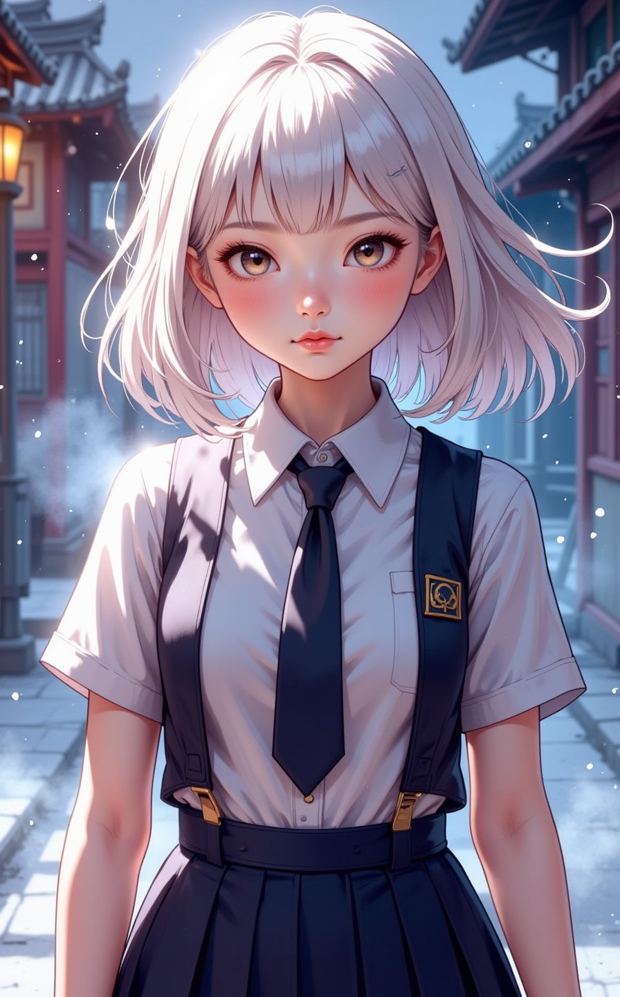 ghibli studio anime style poster, a beautiful young asian girl, beautiful eyes, olive skin, medium length white hair, petite body, sexy toned fit body, wearing tight school girl uniform, showing midriff, perfect face, lightly sparkles smoke background, volumetric fog, Hyperrealism, cinematic lighting, highly detailed, breathtaking, 8k uhd