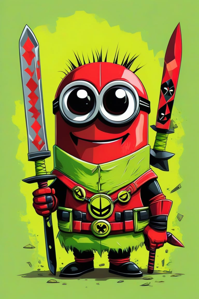 A whimsical artwork. A amesmerizing fusion of Minion and Deadpool, is depicted with an elongated face adorned with bold, geometric shapes and a vibrant color palette of lime, yellow, white. Wielding a Big Chief knife with a sinister, reflective blade that reads "DEADTH" the subject exudes danger and unease. 3D comical caricature