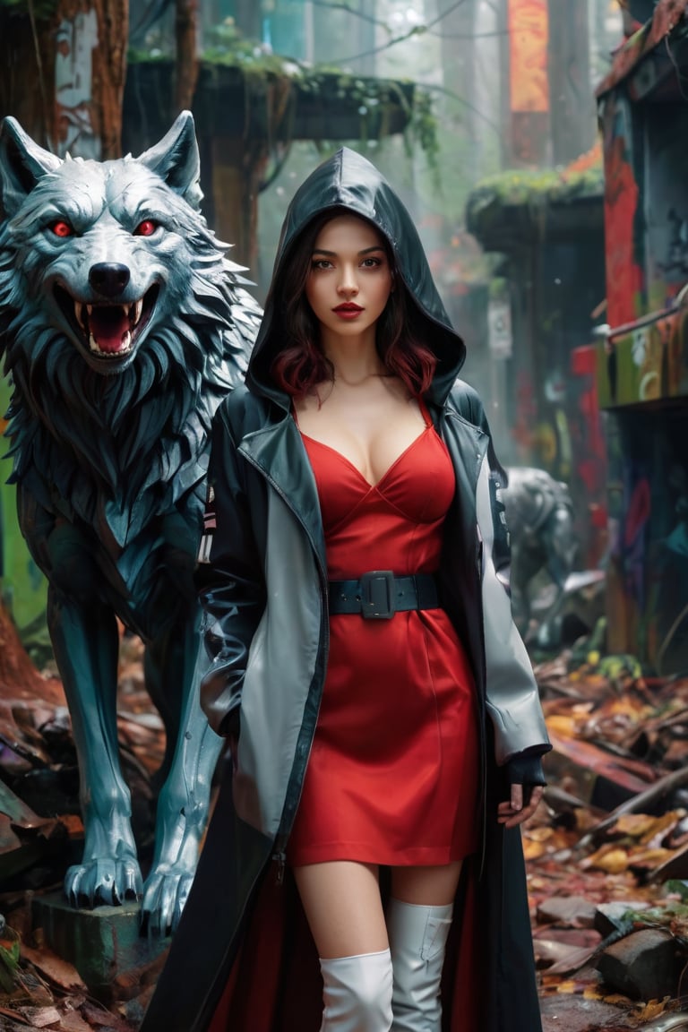 hyperrealistic, a masterpiece movie poster. HDR. ultra high res, photorealistic, 8k, hyperrealism, studio lighting. (Best quality, 8k, 32k, raw photo, real life, photorealistic, UHD:1.2), A striking full-body length photo of a young woman in a red hooded cloak and matching red dress with straps and a belt, standing in a graffiti-laden cyberpunk forest setting. The woman is evil smiling, her right hand partially covering her mouth as she looks forward. Beside her stands an enormous wolf with a fierce and menacing expression, bared teeth, and intense eyes. The background features a monochromatic color scheme with varying shades of gray, contrasted by the vivid red of the woman's clothing. The scene is surrounded by rubble and debris, with graffiti-covered walls adding to the dark fantasy and cinematic atmosphere  dark fantasy, 