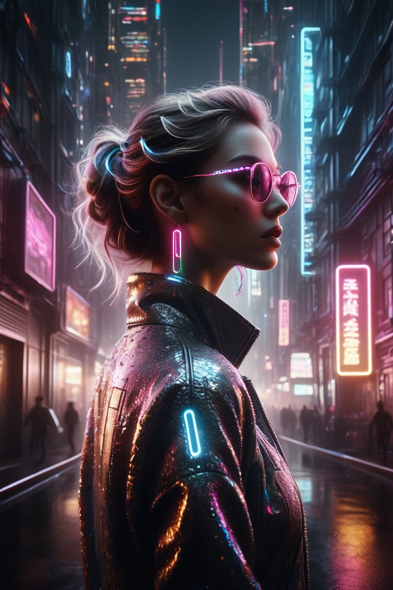 full body:1.2, ((masterpiece)), ((best quality)), (((photo Realistic))), A striking portrait of a young svelte woman looking back against a glowing background adorned with futuristic gleaming gadgets. A stunning anime-inspired scene of a young woman, adorned in futuristic fashion with neon accents, leaving her mark on Earth. She holds a can of spray paint and stands next to an incredible architecture of a towering building with a glass exterior. The architecture is adorned with her graffiti artwork, which glows against the dark city skyline. The background reveals a vibrant cityscape, with a rainbow of colors painting the sky.,mad-cyberspace,noir