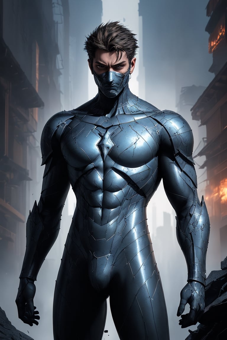 innovation, future, rusty armor, realism, an anti-hero in beautiful Alex Ross's hyper-realistic style. A young boy version. Every muscle fiber, piece of blue, silver and dark metalic armor, and surrounding environmental element is meticulously rendered. Despite the chaos, the anti-hero exudes a calm and focused demeanor, ready to further disrupt order. The precise artwork and overwhelming attention to detail create a visually stunning, immersive scene that invites viewers to explore every inch of the image. Super clean style.
