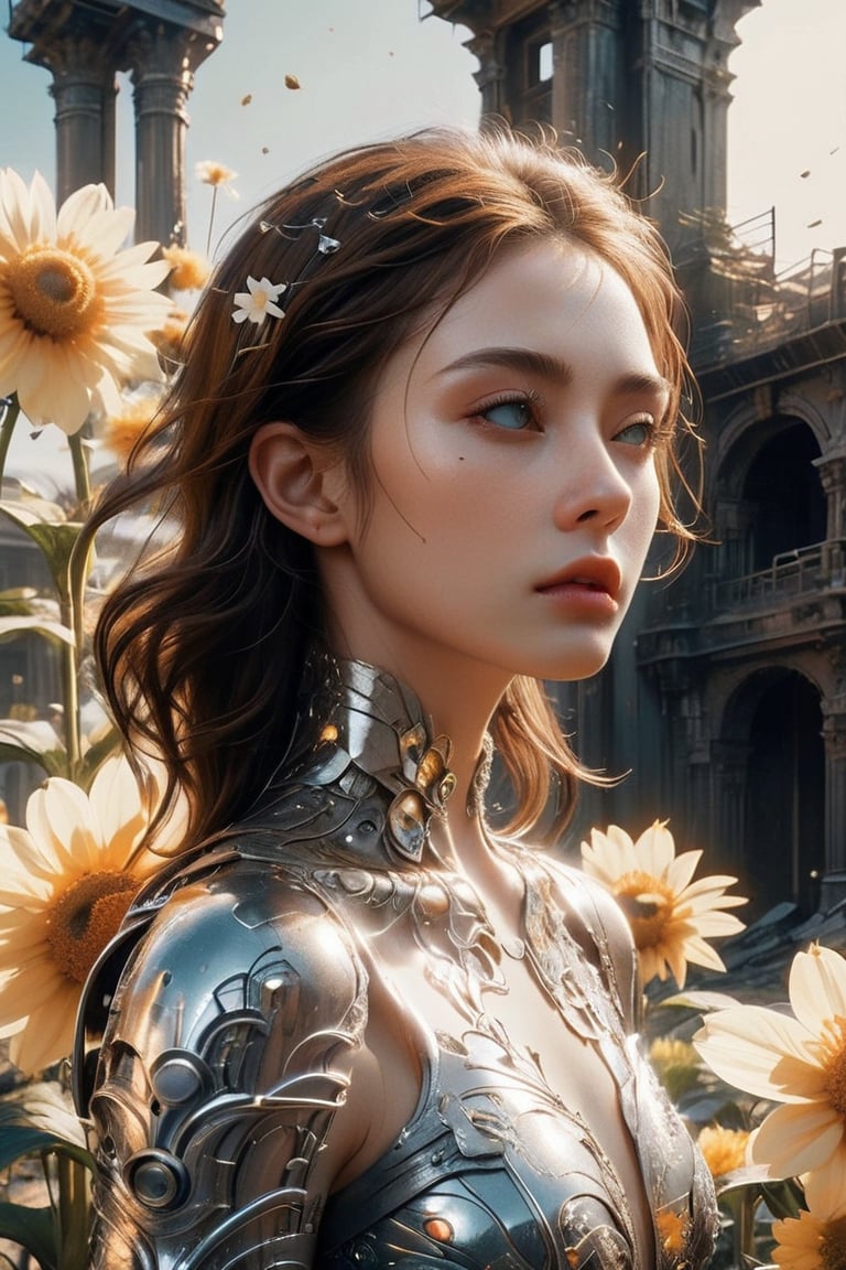 ((masterpiece)), ((best quality)), (((photo Realistic))), A mesmerizing ultra-high-definition image of a stunning cyborg young woman in a dreamlike, futuristic world. She gracefully bends down to pick the last remaining white flower amidst the ruins of a post-apocalyptic landscape. The cyborg's sleek, metallic body contrasts beautifully with the vibrant, ethereal flower, symbolizing hope in a desolate environment. The masterful use of light and shadows creates a mesmerizing atmosphere, while the impeccable composition and realistic representation make this a stunning  movie still.,cyborg,glitter,xxmix_girl