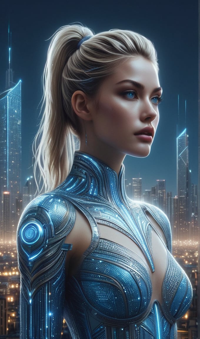 A futuristic cityscape at night with a tall, illuminated skyscraper in the background. In the foreground, a young alluring woman with blonde hair tied in a high ponytail is prominently featured. She wears a shimmering, transparent see-through glass outfit with intricate designs, predominantly in shades of blue and silver. The outfit has a unique pattern resembling a mosaic or tessellated design. The woman's makeup is bold, with emphasis on her eyes and lips. The city behind her is bustling with lights, suggesting it's a major urban center.,mad-cyberspace