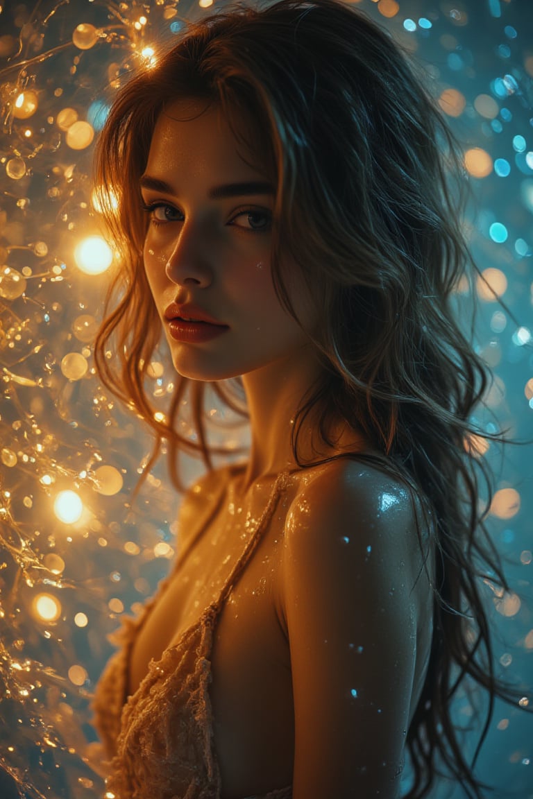 An alluring 21-year-old Latina-Pakistni young woman with long brunette hair, styled in loose spreading waves. She is in a stylized bikini stands confidently in a glowing, ethereal environment surrounded by micro bubbles and light mist, illuminated by glittering yellow and blue lighting. Her wet skin glistens as she gazes intently at the camera, with her body slightly angled. Her long hair cascades over her shoulders. Sparkling orbs and gleaming light enhance the dreamlike and magical atmosphere. She looks over her shoulder with an alluring smile gaze, the shiny bright glow of the lighting reflecting on her smooth fair skin.