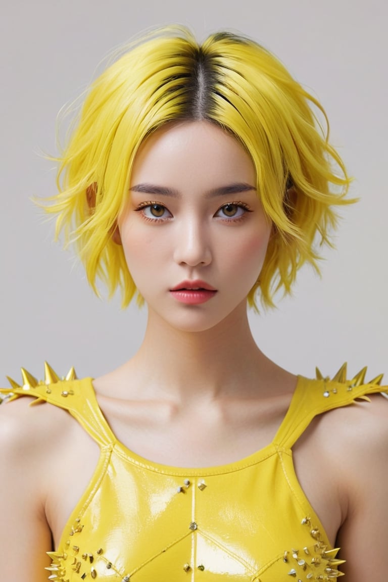 A striking photo of an alluring pretty woman. A striking portrait of a modern and fantasy-inspired fashionista, featuring a beautiful young woman with a trendy, super short, and wavy hairstyle. Her fierce look is enhanced by a few unruly spiky strands, and she wears a bright yellow outfit adorned with shimmering diamond-like accents. The glitch-like style and vibrant colors evoke a Matrix-inspired vibe, with the striking impasto technique adding depth and texture to the image. The 3D render presentation adds to the conceptual and futuristic feel of the artwork, photo, conceptual art, fantasy, fashion, ,hubggirl,xxmix_girl