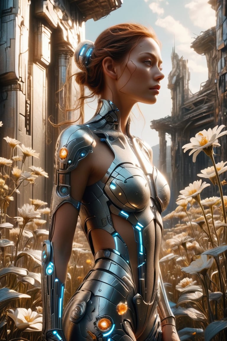 ((masterpiece)), ((best quality)), (((photo Realistic))), A mesmerizing ultra-high-definition image of a stunning cyborg young woman in a dreamlike, futuristic world. She gracefully bends down to pick the last remaining white flower amidst the ruins of a post-apocalyptic landscape. The cyborg's sleek, metallic body contrasts beautifully with the vibrant, ethereal flower, symbolizing hope in a desolate environment. The masterful use of light and shadows creates a mesmerizing atmosphere, while the impeccable composition and realistic representation make this a stunning  movie still.,cyborg,glitter