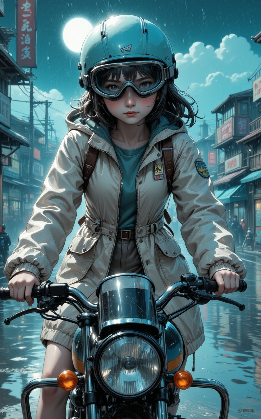 Ghibli studio anime style, Japanese anime style illustration, steampunk style, heavy raining, the endless desolate dry land is foggy, a cyan moon in the distance, a young girl riding a Honda CB125 from the 1970s, she is looking for something, details face, goggles, wet transparent low cut raincoat, low angle view shot, sunny rain lighting, perfect face, lightly sparkles smoke background, volumetric fog, Hyperrealism, cinematic lighting, highly detailed, breathtaking, 8k uhd