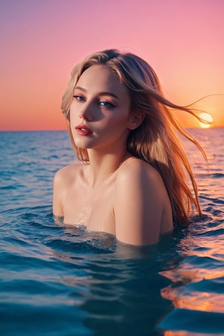 A striking photo of an alluring pretty woman. A Man-Ray photo of a young woman with very long, flowing blonde hair that spreads out like a waterfall, submerged in water up to her chest. She wears a white, loose-fitting top and is positioned centrally in the frame. The water reflects a vibrant sunset sky with hues of orange, pink, and blue. The sun appears to be setting on the horizon, casting a warm glow over the scene., 3d render