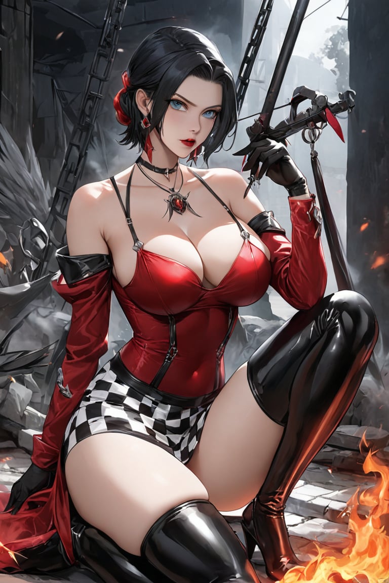 A captivating and unique illustration of a buxom woman with short black hair and a blue eye, posing seductively with a knee on the ground. She wears a short black-and-white checkered skirt with a thigh-high slit, a deep-neck red top, and numerous gothic accessories. The woman holds a crane in her hand, which adds an intriguing touch to the scene. The background is clean and white, allowing the focus to be on the character's striking appearance and pose. Her style and vibe resemble Cassie Hack, a popular character from the comic series 'Hack/Slash'.,fire element
